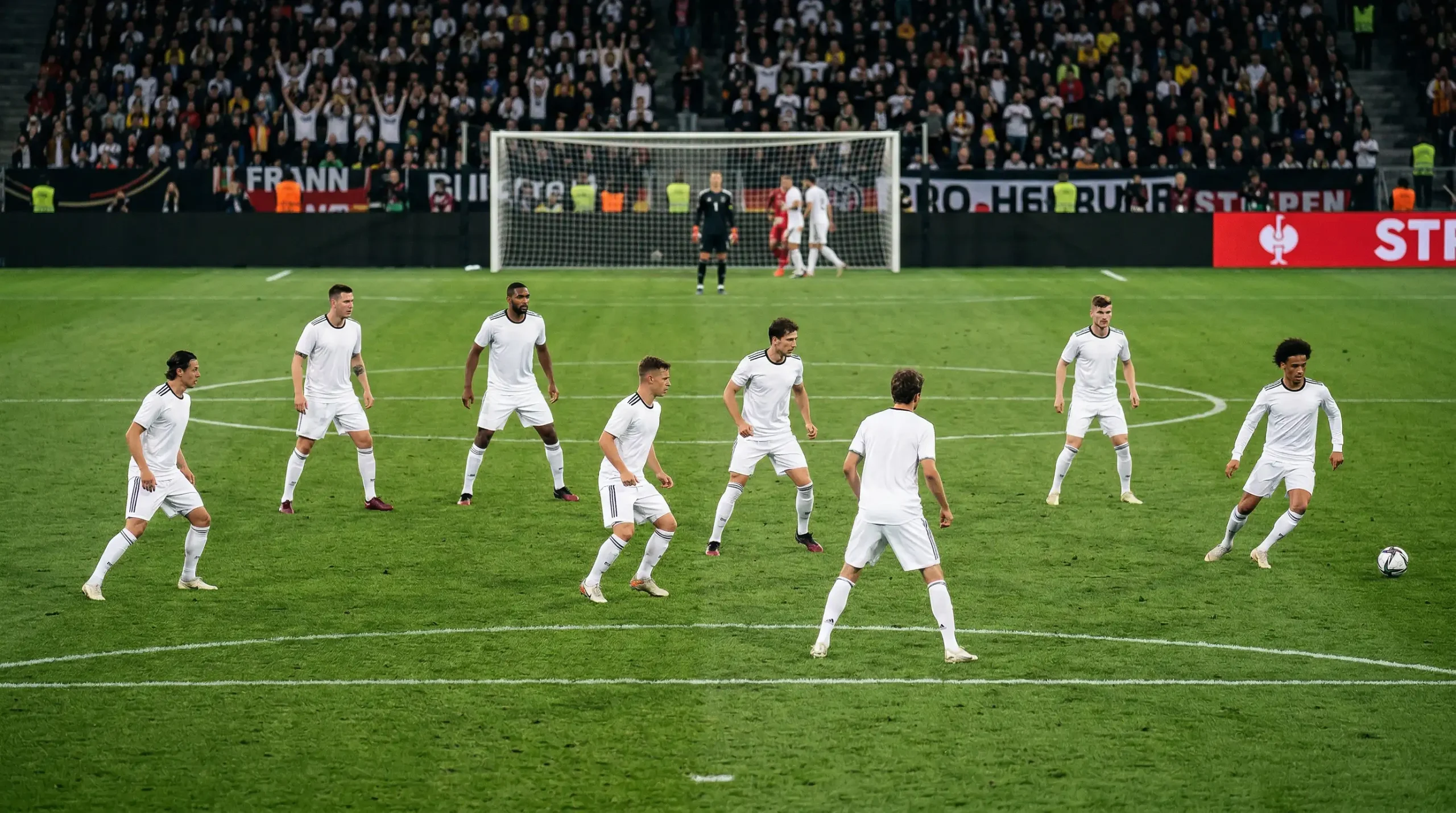 L'équipe nationale d'Allemagne la Mannschaft en maillot blanc sur un terrain de football pour la Coupe du Monde 2026