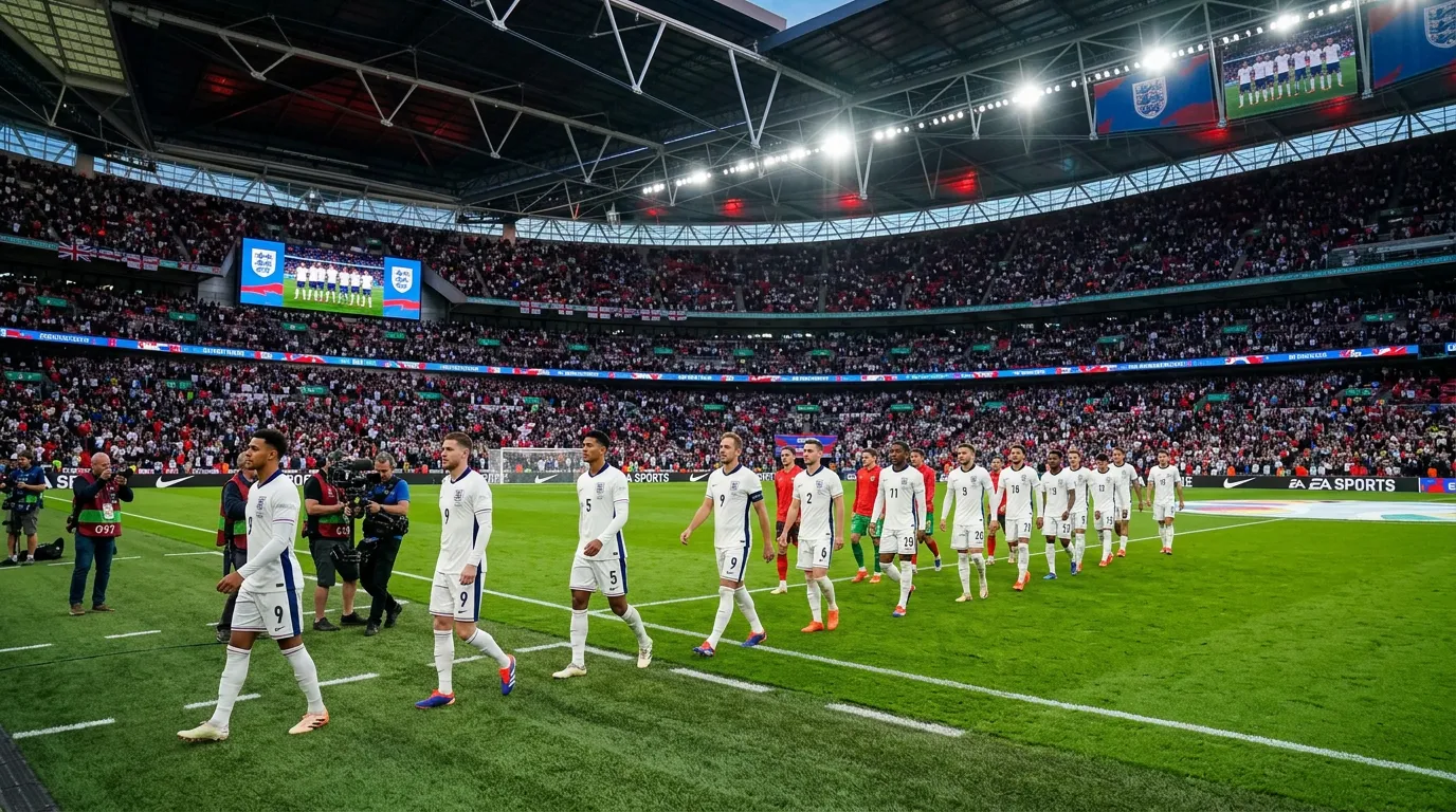 L'équipe d'Angleterre les Three Lions en maillot blanc sur le terrain de football pour la Coupe du Monde 2026