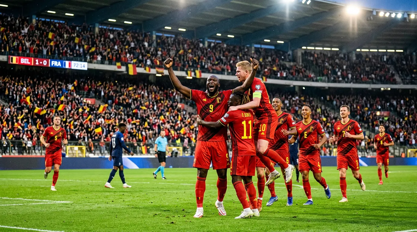 L'équipe nationale de Belgique les Diables Rouges en action sur un terrain de football lors des qualifications pour la Coupe du Monde 2026