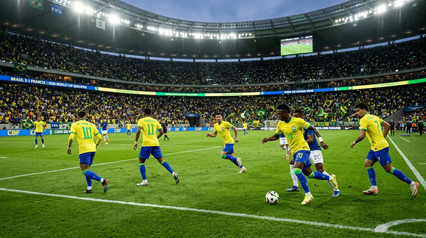 L'équipe nationale du Brésil la Seleção en maillot jaune sur un terrain de football pour la Coupe du Monde 2026