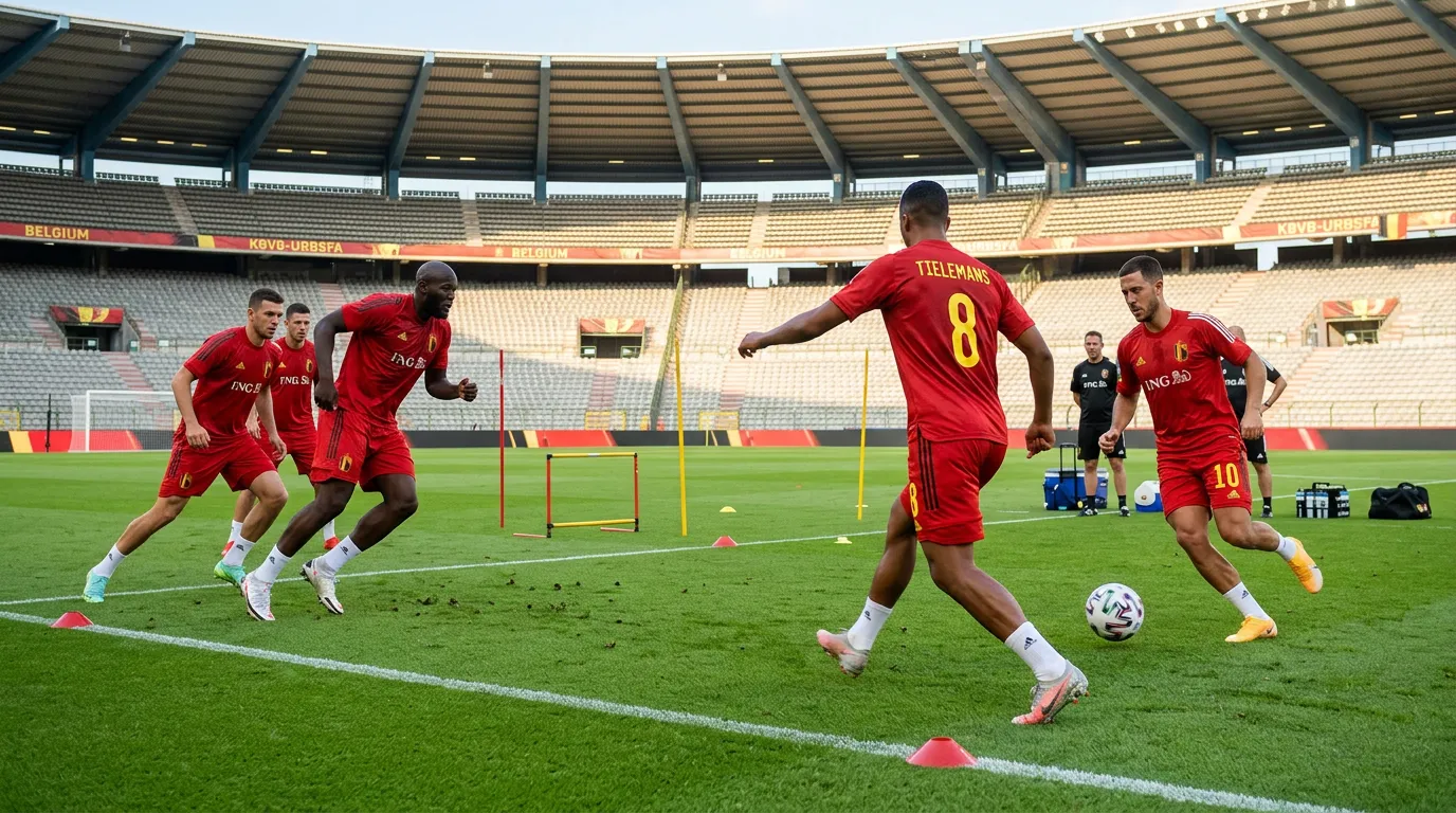 Joueurs de l'équipe nationale belge à l'entraînement sur un terrain verdoyant