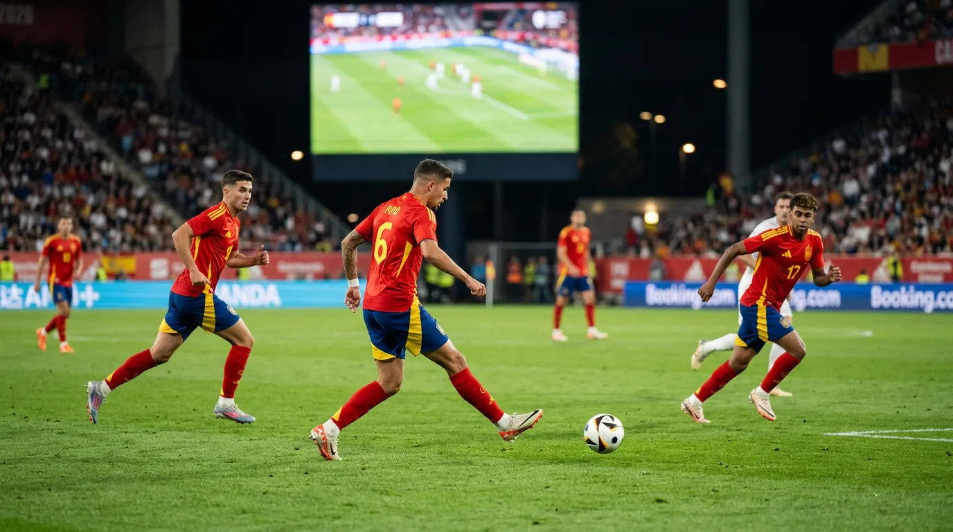 L'équipe nationale d'Espagne La Roja en maillot rouge sur un terrain de football pour la Coupe du Monde 2026