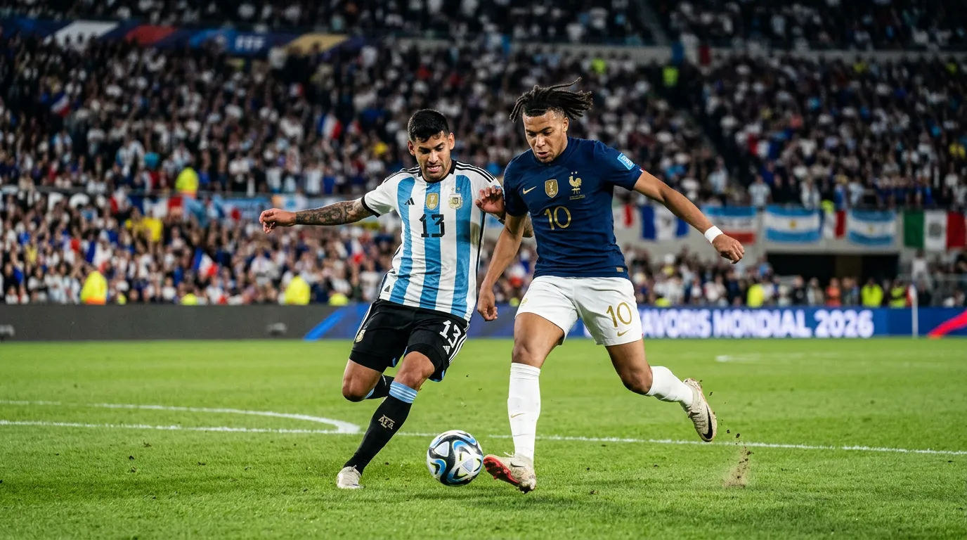 Action de match de football international avec des joueurs en compétition pour le ballon