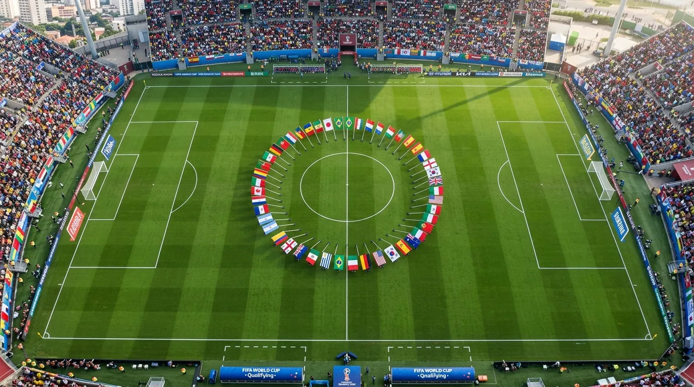 Terrain de football avec les drapeaux des 48 nations qualifiées pour le Mondial 2026