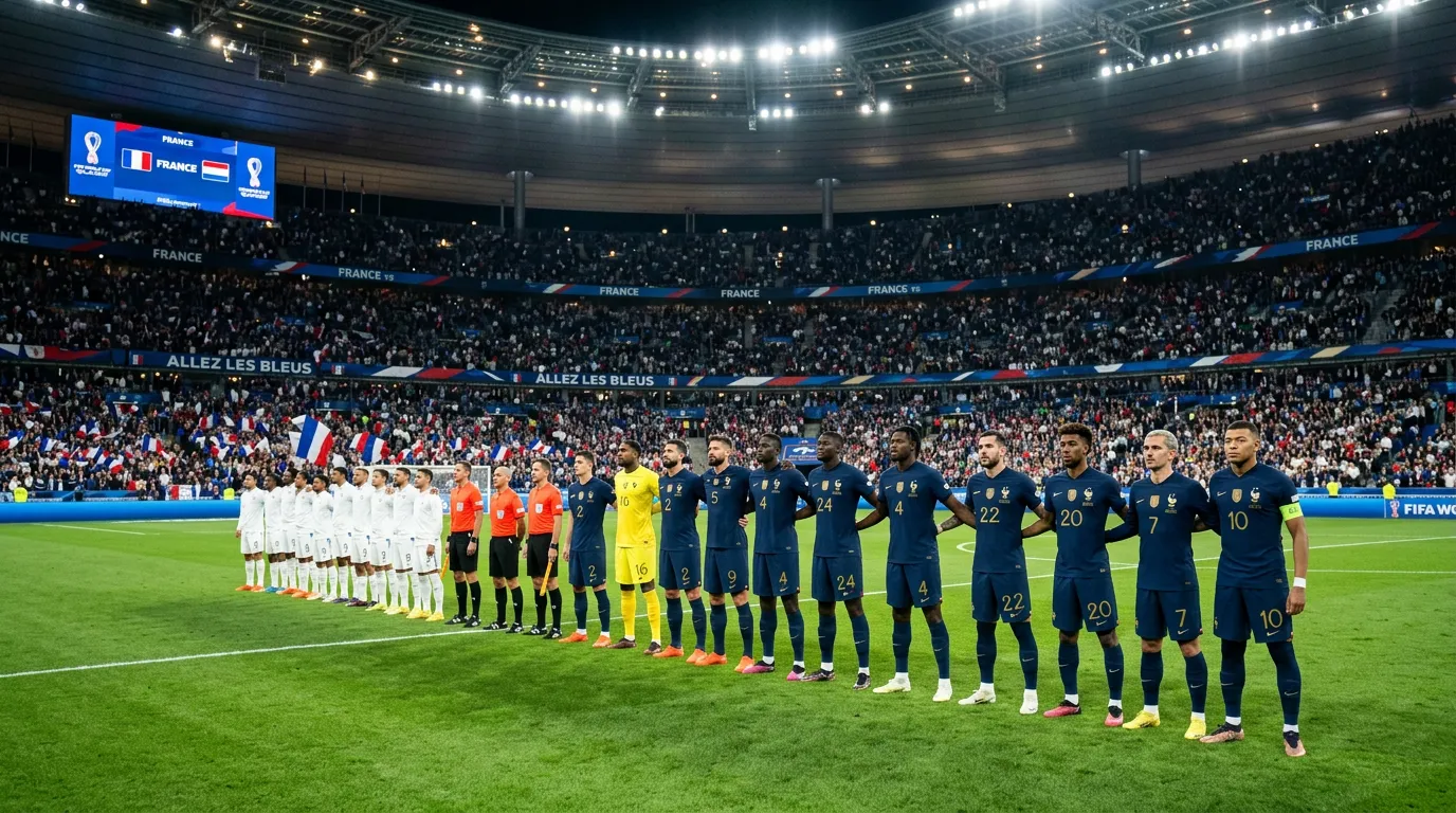 L'équipe de France de football les Bleus en formation sur le terrain lors d'un match de qualification Coupe du Monde 2026