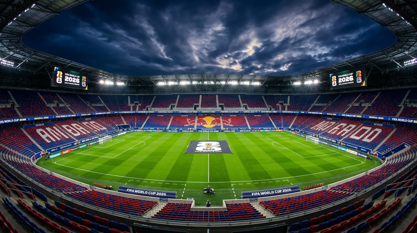 Vue panoramique d'un stade de football moderne illuminé pour la Coupe du Monde 2026