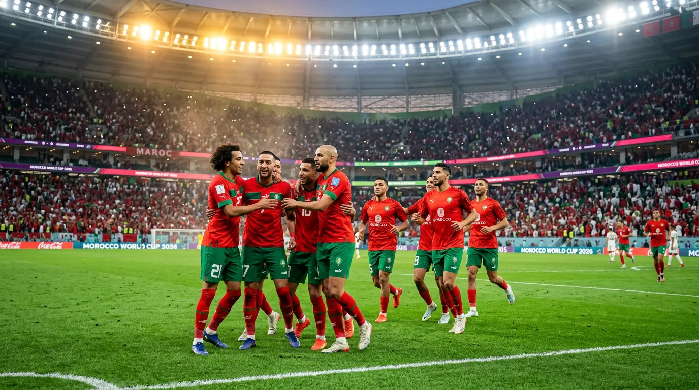 L'équipe nationale du Maroc les Lions de l'Atlas sur un terrain de football pour la Coupe du Monde 2026