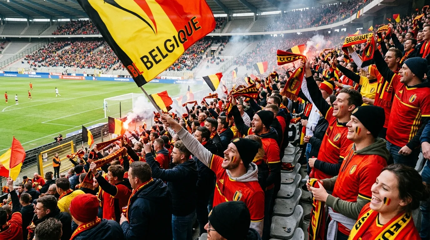 Supporters de football dans un stade avec drapeaux et ambiance festive