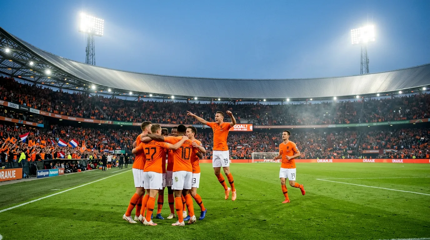 L'équipe nationale des Pays-Bas les Oranje en maillot orange sur un terrain de football pour la Coupe du Monde 2026
