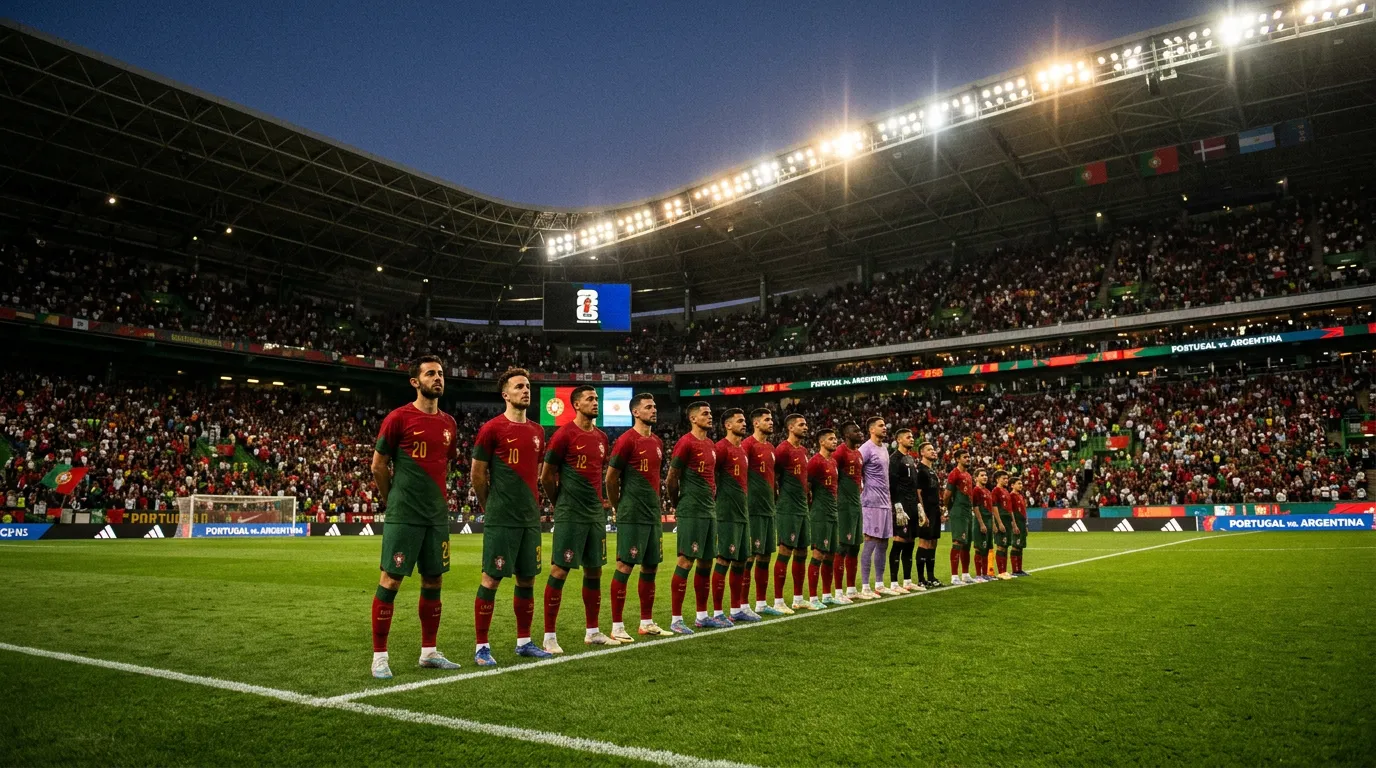 L'équipe nationale du Portugal en maillot rouge et vert sur un terrain de football pour la Coupe du Monde 2026